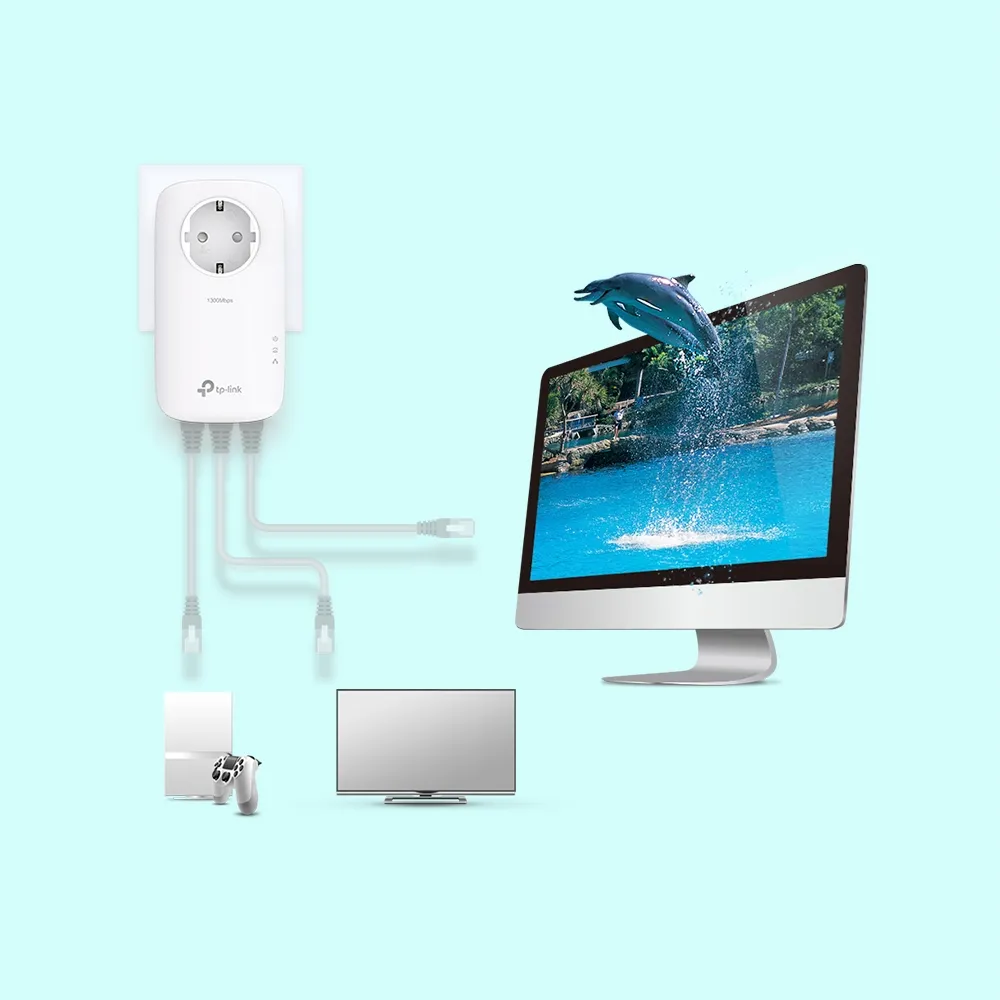 TP-Link AV1300 Passthrough Powerline KIT, Qualcomm, 3 Gigabit Ports, 1300Mbps